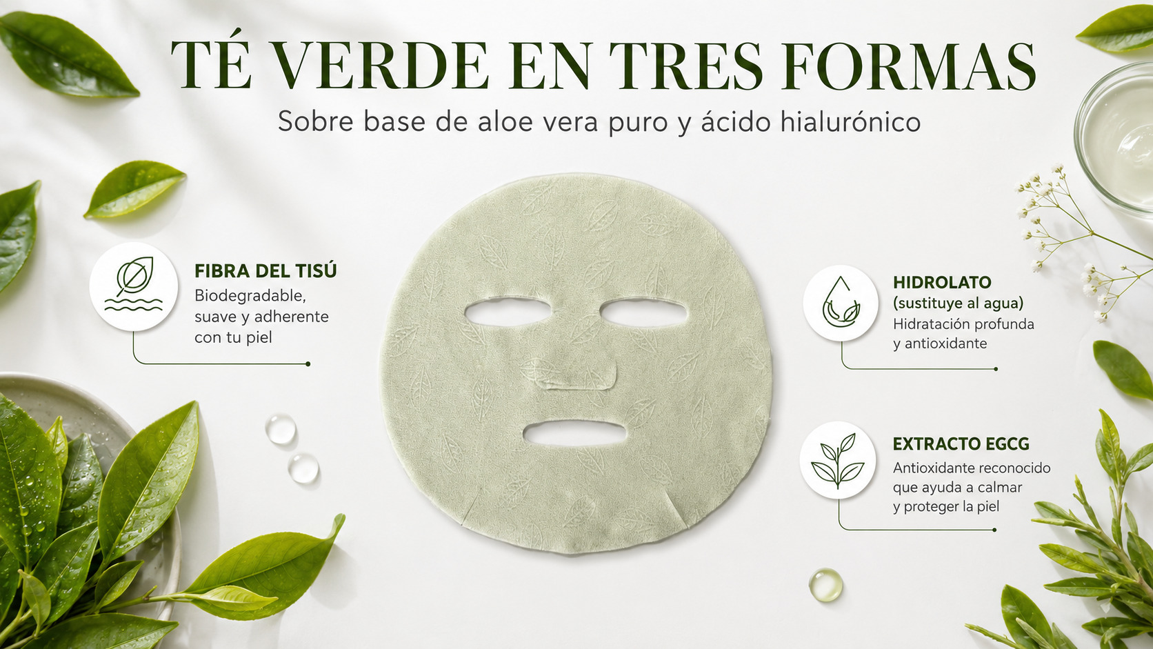 Té verde en sus tres formas y el tisú de fibra de té verde